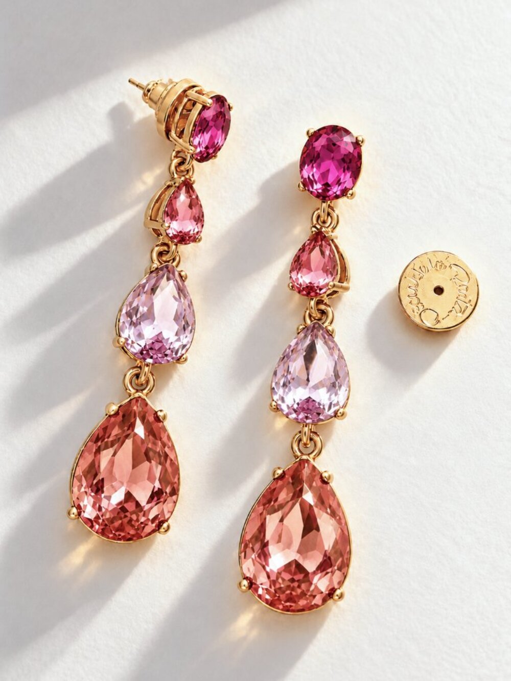 Oscar de la Renta Pink Crystal Drop Earrings Gold Statement Teardrop Earrings